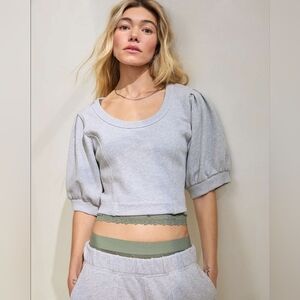 Aerie Heather Grey French Terry Scoop Neck Puff Sleeve Cropped Sweatshirt LG